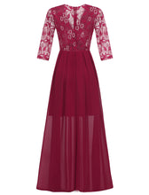Load image into Gallery viewer, Wine Red V Neck Solid Color Lace Flower A line Vintage Maxi Dress