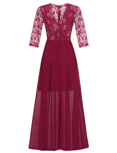 Wine Red V Neck Solid Color Lace Flower A line Vintage Maxi Dress