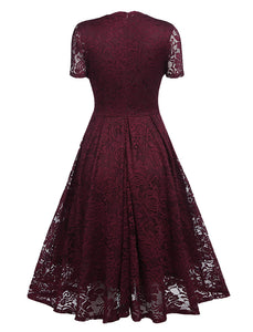 Solid Color Lace Short Sleeve V Neck 50s Party Swing Dress