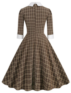 Big BowKnot Brown Plaid 3/4 Sleeve 1950S Vintage Dress Inspired By Mrs. Maisel