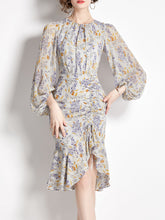 Load image into Gallery viewer, Grey Crew Neck Puff Sleeves Floral Print Bodycon Dress