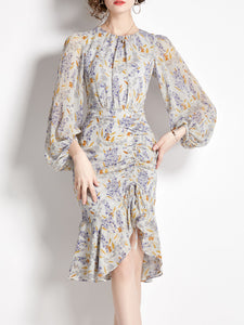 Grey Crew Neck Puff Sleeves Floral Print Bodycon Dress