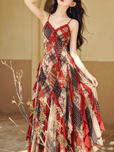 Load image into Gallery viewer, Vintage Bohemian Red Ruffle Hem Floral Plaid Spaghetti Strap Maxi Dress