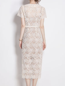 White Lace V Neck Short Sleeve Bodycon Dress