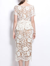 Load image into Gallery viewer, White Lace Flower V Neck Short Sleeve Wasp Waist Bodycon Dress
