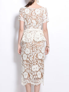 White Lace Flower V Neck Short Sleeve Wasp Waist Bodycon Dress