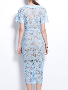 White Lace V Neck Short Sleeve Bodycon Dress