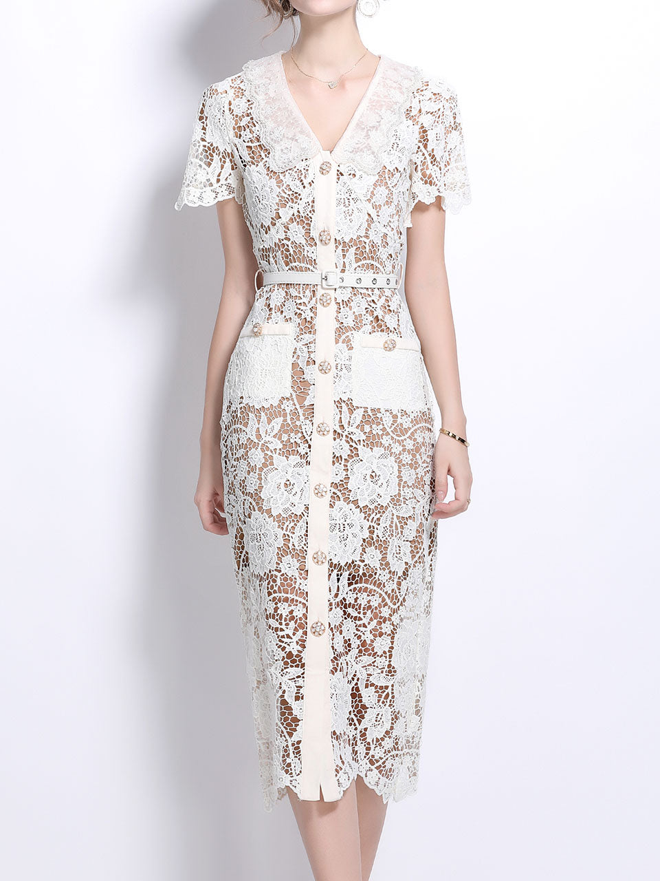 White Lace Flower V Neck Short Sleeve Bodycon Dress, White / M White Lace Flower V Neck Short Sleeve Bodycon Dress, White / M