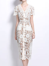 Load image into Gallery viewer, White Lace Flower V Neck Short Sleeve Bodycon Dress