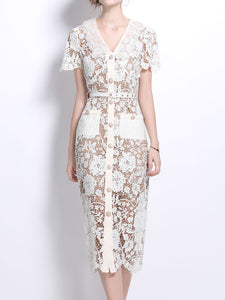 White Lace Flower V Neck Short Sleeve Bodycon Dress