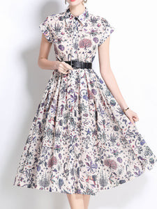 1940S Classic Shirt Collar Vintage Print Cap Sleeve Cotton Dress