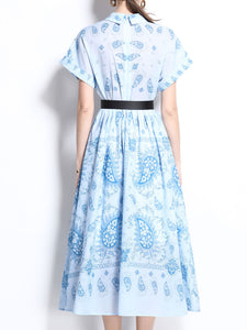 1940S Classic Shirt Collar Vintage Print Cotton Dress with Belt