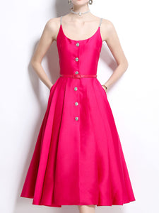 Pink Luxury Diamond Strap Satin Prom Dress With Pockets
