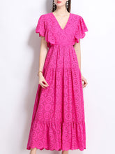 Load image into Gallery viewer, Embroidered Openwork V Neck Ruffles Maxi Dress