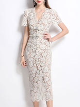 Load image into Gallery viewer, White V Neck Bow Short Sleeve 1950S Vintage Lace Bodycon Dress