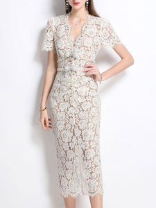 White V Neck Bow Short Sleeve 1950S Vintage Lace Bodycon Dress
