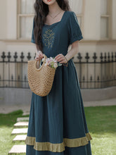 Load image into Gallery viewer, Peacock Blue Bluebell Embroidered Vintage Dress with Lace-Up Back
