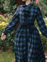 Load image into Gallery viewer, Dark Blue Plaid Ruffle 1950S Vintage Woolen Coat Swing Retro Dress