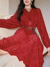 Load image into Gallery viewer, Red Embroidered Hollow Long Sleeve Tassel Holiday Bohemian Dress