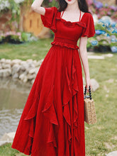 Load image into Gallery viewer, 2PS Red Rose Ruffles Spaghetti Strap Top and High Waist Swing Dress Set