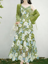 Load image into Gallery viewer, Green Floral Embroidered Lace Maxi Dress Prom Dress With Cardigan