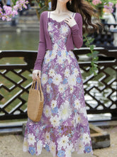 Load image into Gallery viewer, Purple Floral Embroidered Lace Maxi Dress Prom Dress With Cardigan