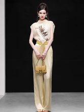 Load image into Gallery viewer, 2PS Silk Printed Sleeveless Top and Gold Metallic Pant Set