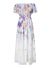 Load image into Gallery viewer, Women's Purple Off-Shoulder Chiffon Dress with Ruffle Trim and Side Slit