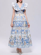 Load image into Gallery viewer, Women’s Dark Boho Floral Printed Chiffon V-Neck Ruffled Summer Beach Maxi Dress