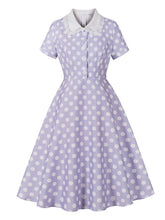 Load image into Gallery viewer, 1950s Purple Peter Pan Collar Polka Dots Swing Dress