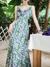 Load image into Gallery viewer, 2PS Green Floral Printed Spaghetti Straps Vintage Dress With Cardigan Suit