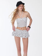 Load image into Gallery viewer, Retro White Polka Dot Halter Bandeau Tankini Set with Tiered Ruffle Skirt
