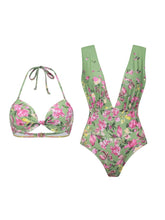 Load image into Gallery viewer, 3PS Sage Green Vintage Halter Cutout Pastel Flower Print Monokini and Flowy Beach Long Skirt Swimsuit Set