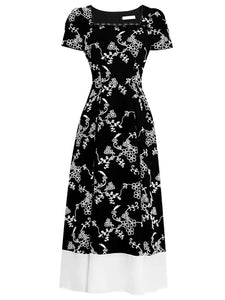 Black Square Collar Embroidered Flower 1950S Vintage Dress