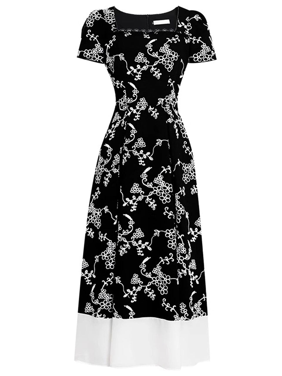 Black Square Collar Embroidered Flower 1950S Vintage Dress