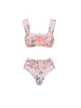 Load image into Gallery viewer, Pink Floral Print Strap Bikini With Bathing Swing Skirt Suit