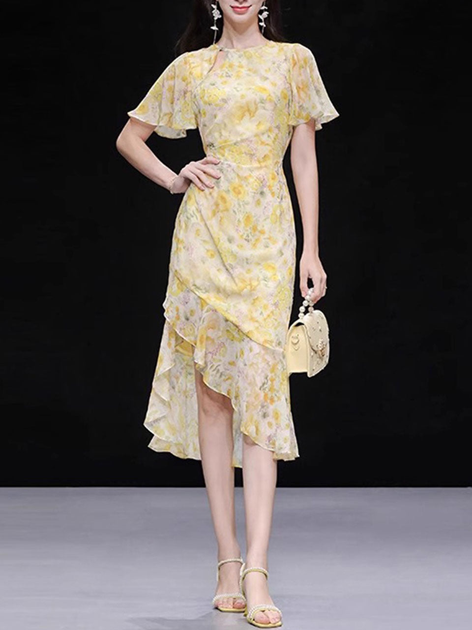Yellow Floral Print Ruffles 1950S Vintage Dress Yellow / M