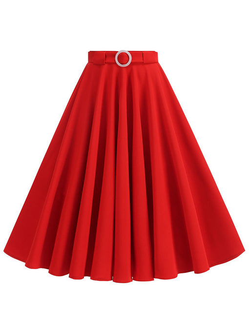 1950s Red High Waist Pleated Swing Vintage Skirt with Belt