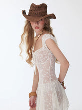 Load image into Gallery viewer, White Lace One Piece Swimdress Square Neck Skirted Swimsuit with Tie Front