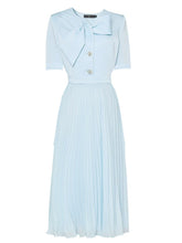 Load image into Gallery viewer, 1950s Light Blue Bow Tie-Neck Pleated Swing Dress