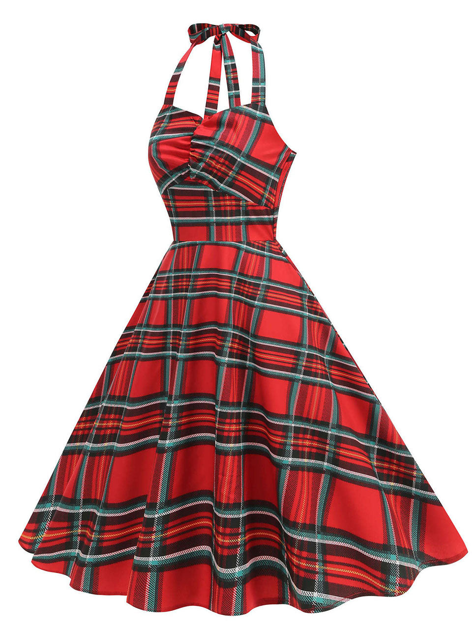 Red Plaid Sleeveless Halter Neck 50S Swing Christmas Dress, Red / M Red Plaid Sleeveless Halter Neck 50S Swing Christmas Dress, Red / M