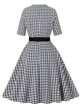 Load image into Gallery viewer, Black White Plaid Bow Neck 1950s Three-Quarter Sleeves Swing Dress