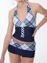 Load image into Gallery viewer, Lace Up Plaid Halter Tankini Set with Shorts Two Piece Swimsuit