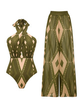 Load image into Gallery viewer, Green Floral Print Halter Neck One-piece Swimsuit With Bathing Suit Pants