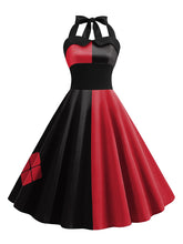 Load image into Gallery viewer, Red &amp; Black Split Halter Dress, Halloween Gothic Jester Cosplay Vintage 1950s Party Swing Dress