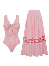 Load image into Gallery viewer, Barbiecore Pink and White Vertical Striped Strap One-Piece Swimsuit with Bathing Suit Skirt