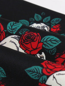 Gothic Black Skull and Rose Print Halter Vintage Halloween Dress