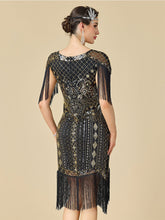 Load image into Gallery viewer, Women's 1920s Flapper Dress with Fringe Sleeves Black Gold Gatsby Costume Sequined Beaded Dress