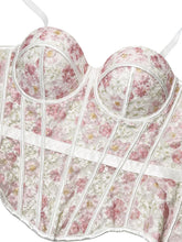 Load image into Gallery viewer, Pink Floral Embroidered Corset Top - Sheer Boned Spaghetti Strap Bustier