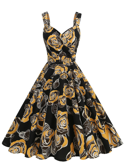 Orange 1950S Halloween Rose Printed V Neck Vintage Dress